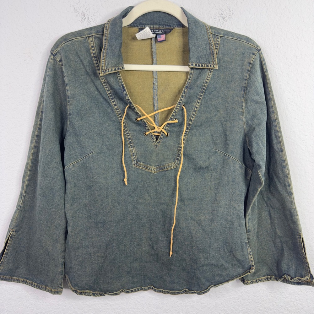 Rampage Shirt Womens L Denim Y2K Boho‎ Western Lace Up Festival Coastal Cowgirl
